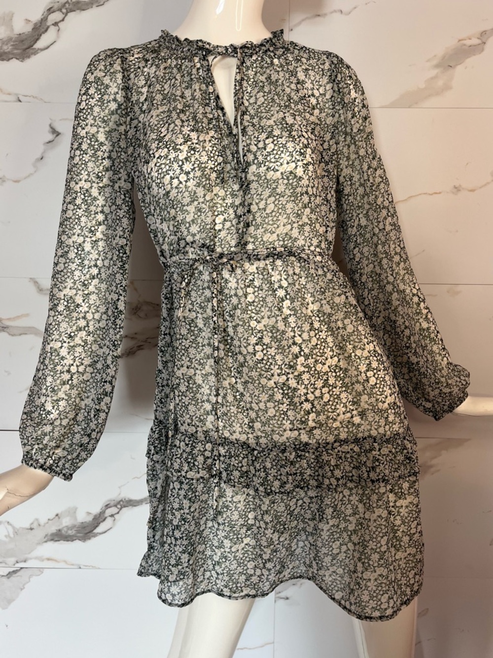 Abercrombie & Fitch Sheer Green Daisy Floral Long-Sleeve Tiered Dress Size XS